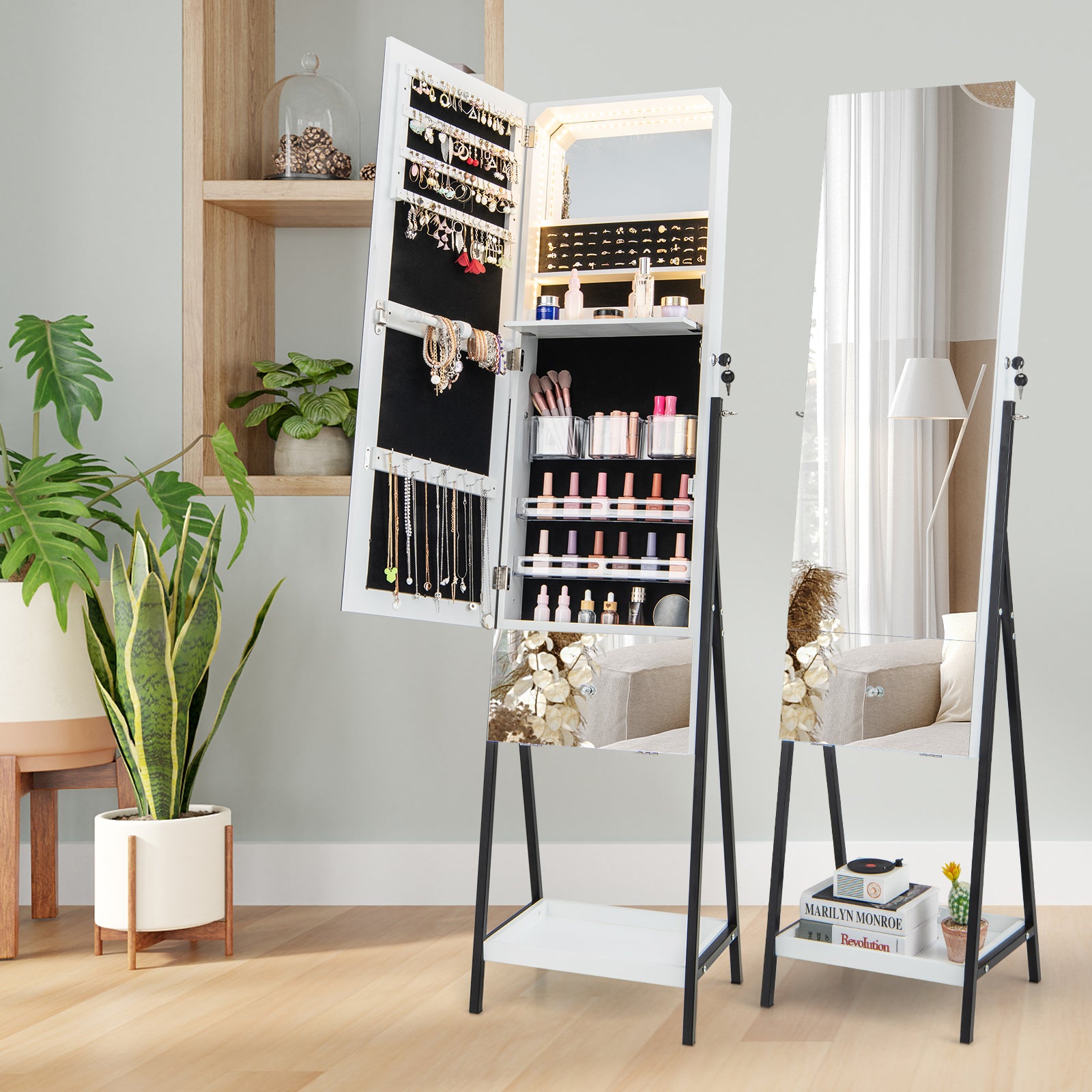 Lockable Freestanding Jewelry Organizer, Full-Length Frameless Mirror, White Jewelry Armoires at Gallery Canada
