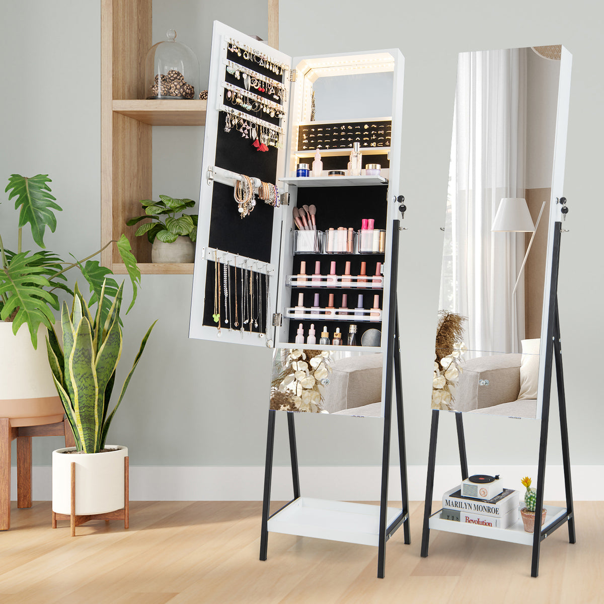 Lockable Freestanding Jewelry Organizer, Full-Length Frameless Mirror, White Jewelry Armoires at Gallery Canada