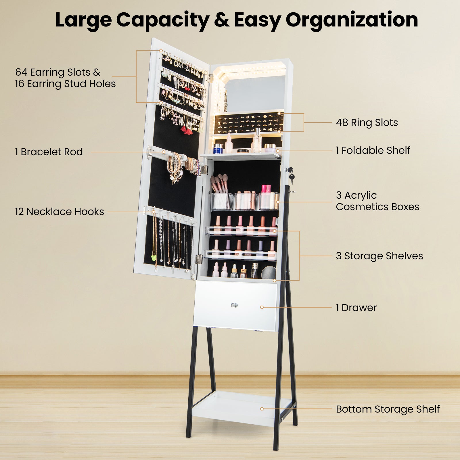 Lockable Freestanding Jewelry Organizer, Full-Length Frameless Mirror, White Jewelry Armoires at Gallery Canada
