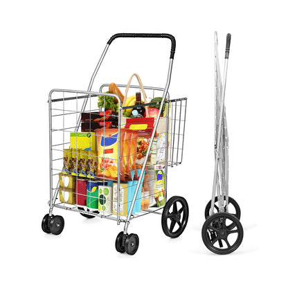 Folding Shopping Cart, Swivel Wheels, Dual Storage Baskets, Silver Kitchen Tools at Gallery Canada