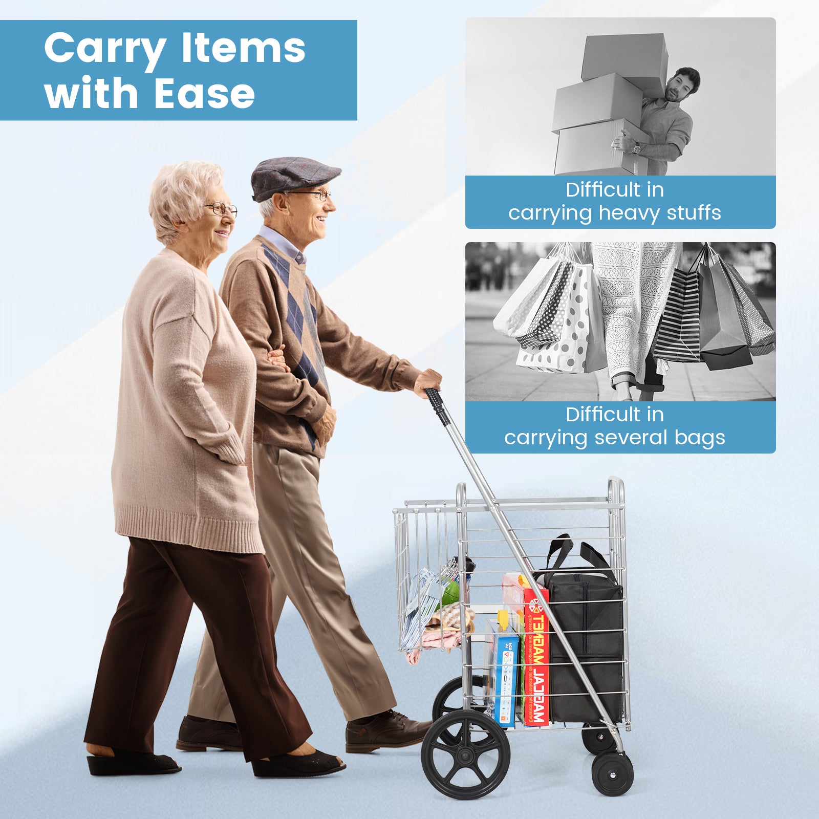 Folding Shopping Cart, Swivel Wheels, Dual Storage Baskets, Silver Kitchen Tools at Gallery Canada