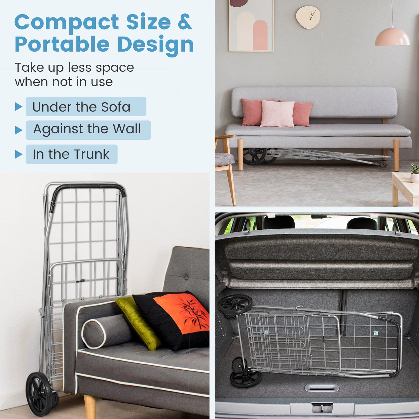 Folding Shopping Cart, Swivel Wheels, Dual Storage Baskets, Silver Kitchen Tools at Gallery Canada