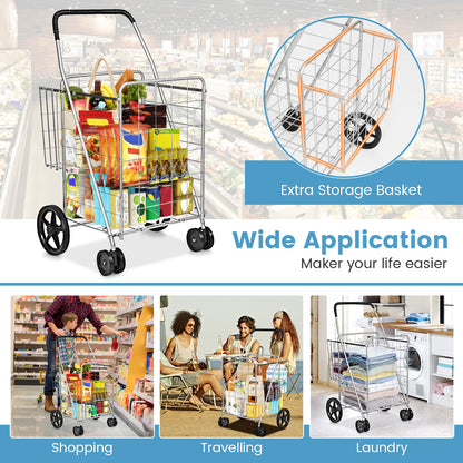 Folding Shopping Cart, Swivel Wheels, Dual Storage Baskets, Silver Kitchen Tools at Gallery Canada