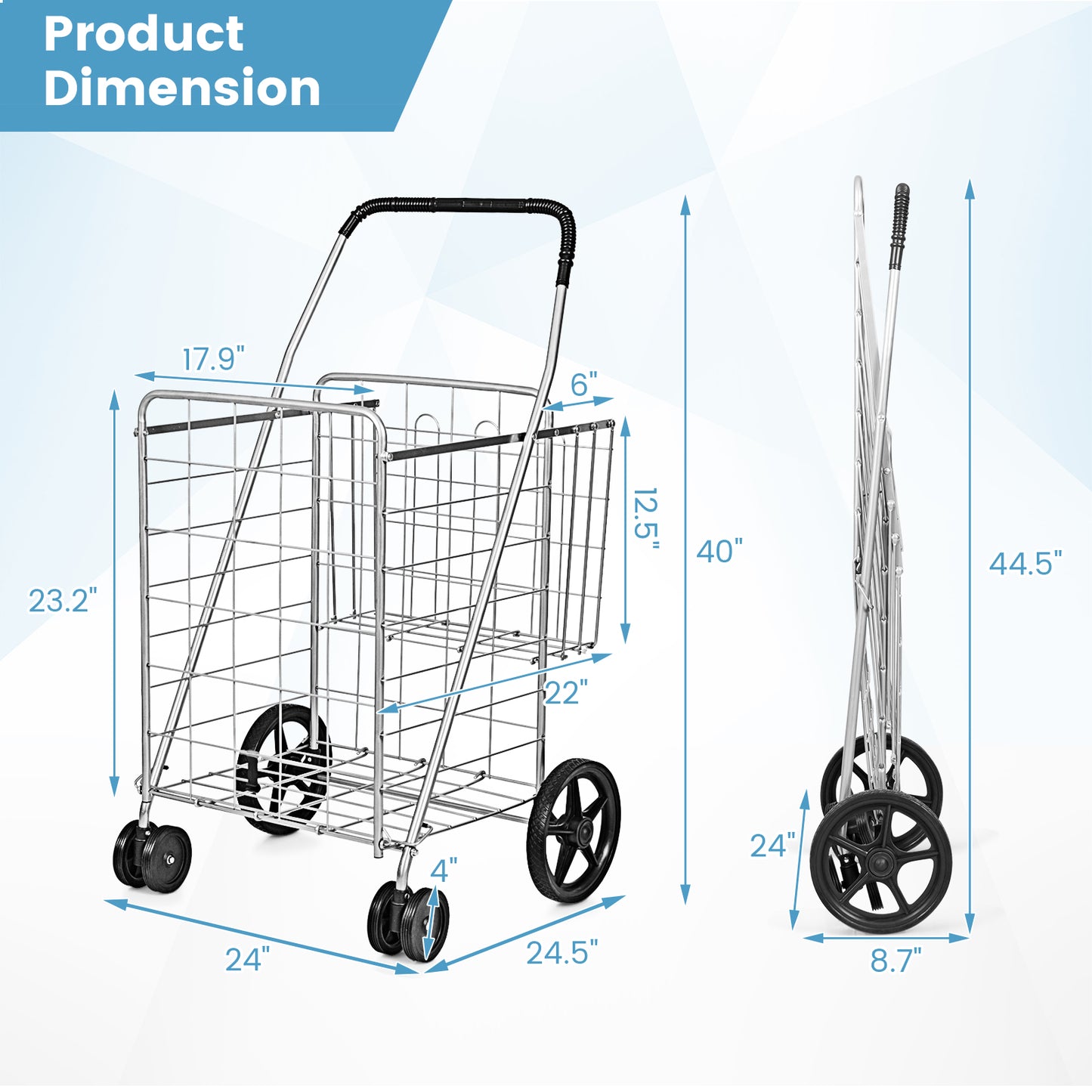 Folding Shopping Cart, Swivel Wheels, Dual Storage Baskets, Silver Kitchen Tools at Gallery Canada