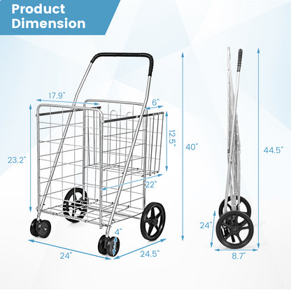 Folding Shopping Cart, Swivel Wheels, Dual Storage Baskets, Silver Kitchen Tools at Gallery Canada