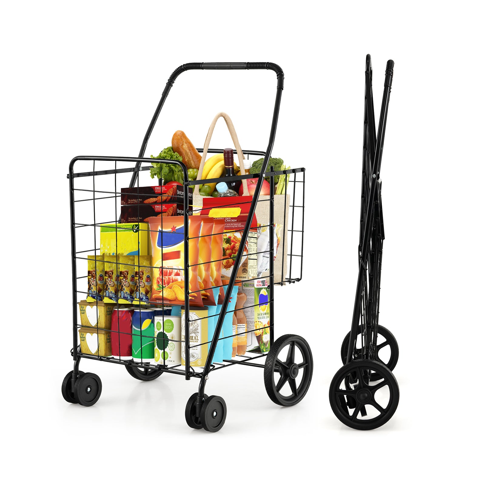 Folding Laundry Cart, Swivel Wheels, Dual Storage Baskets, Black Kitchen Tools at Gallery Canada
