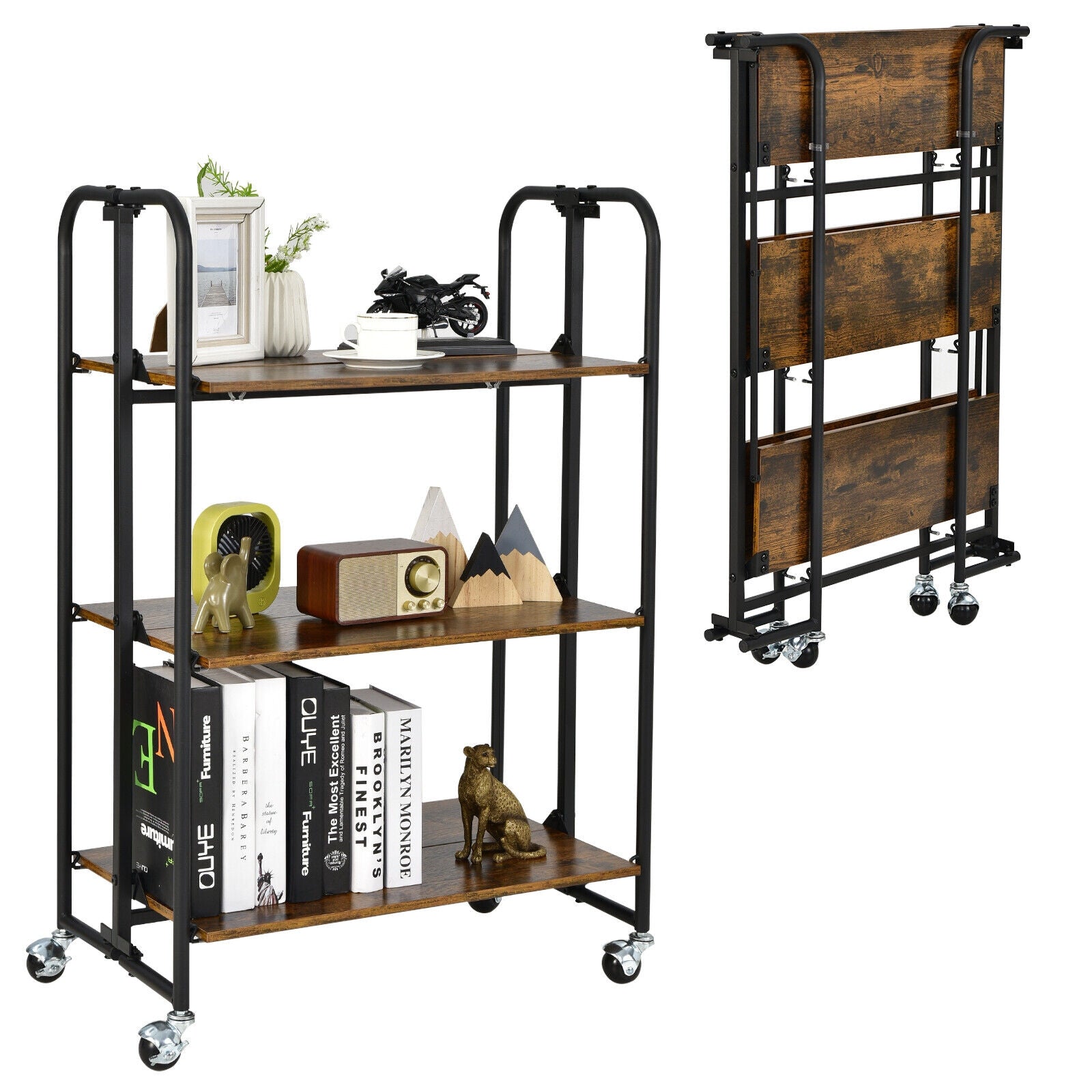 Foldable Rolling Cart, 3-Tier, Storage Shelves, Rustic Brown Kitchen Islands & Carts at Gallery Canada