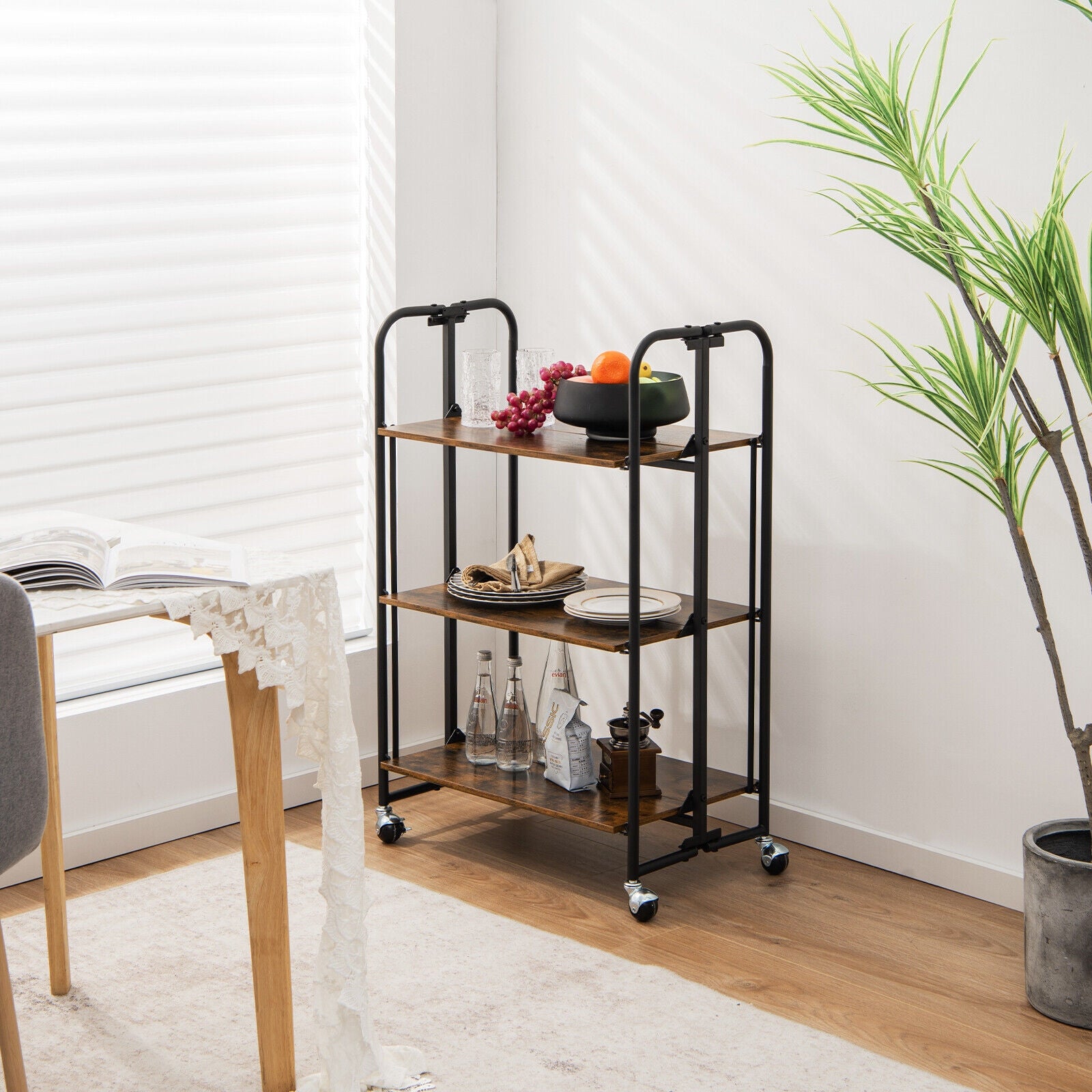 Foldable Rolling Cart, 3-Tier, Storage Shelves, Rustic Brown Kitchen Islands & Carts at Gallery Canada