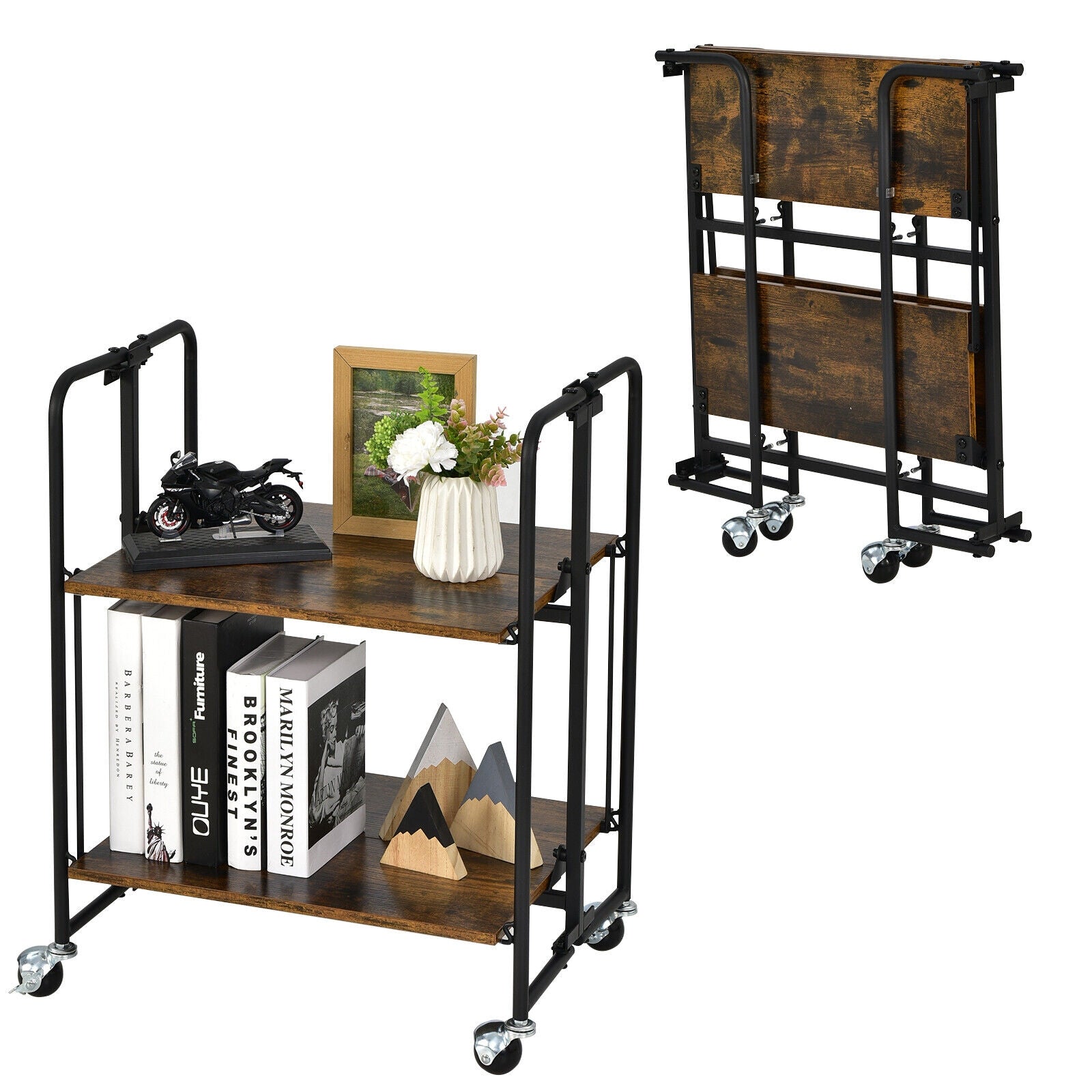 Folding Rolling Cart, 2-Tier, Rustic Brown Kitchen Islands & Carts at Gallery Canada
