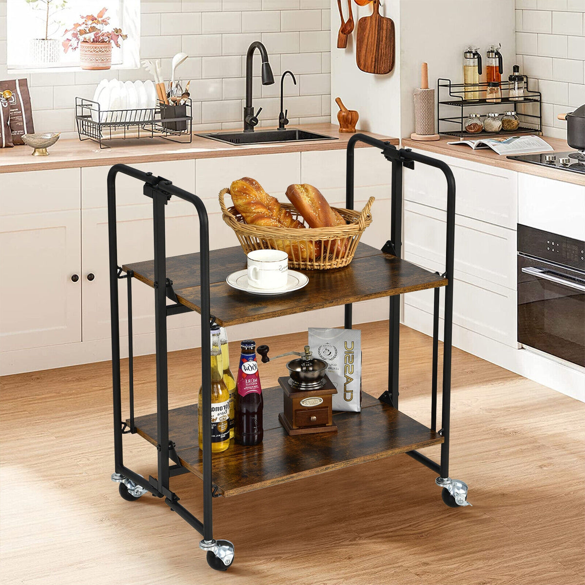 Folding Rolling Cart, 2-Tier, Rustic Brown Kitchen Islands & Carts at Gallery Canada