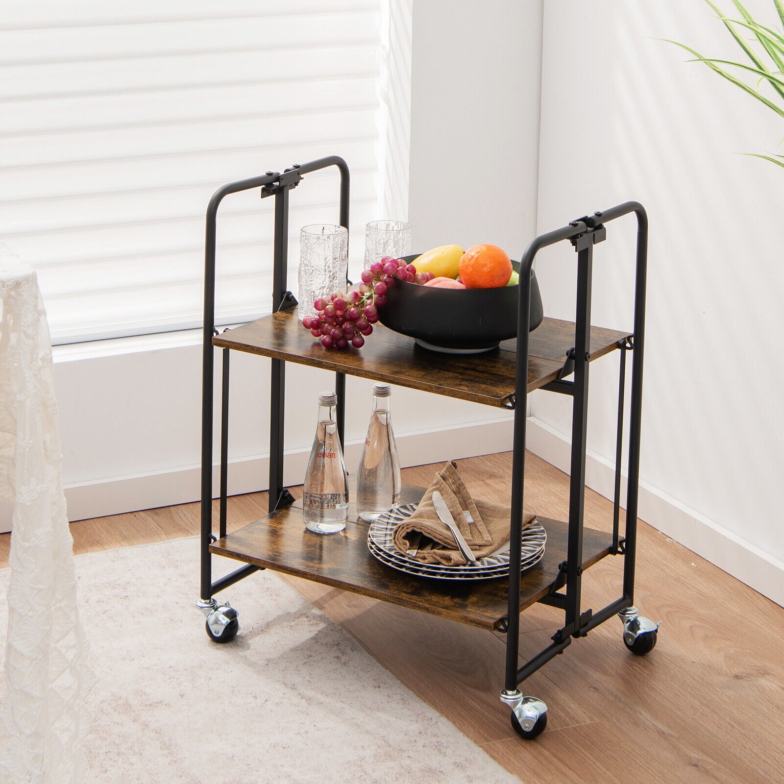 Folding Rolling Cart, 2-Tier, Rustic Brown Kitchen Islands & Carts at Gallery Canada