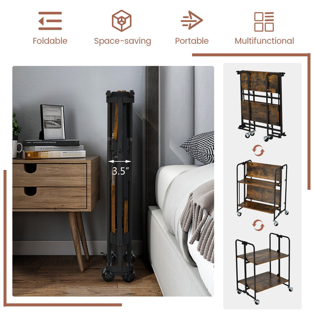 Folding Rolling Cart, 2-Tier, Rustic Brown Kitchen Islands & Carts at Gallery Canada