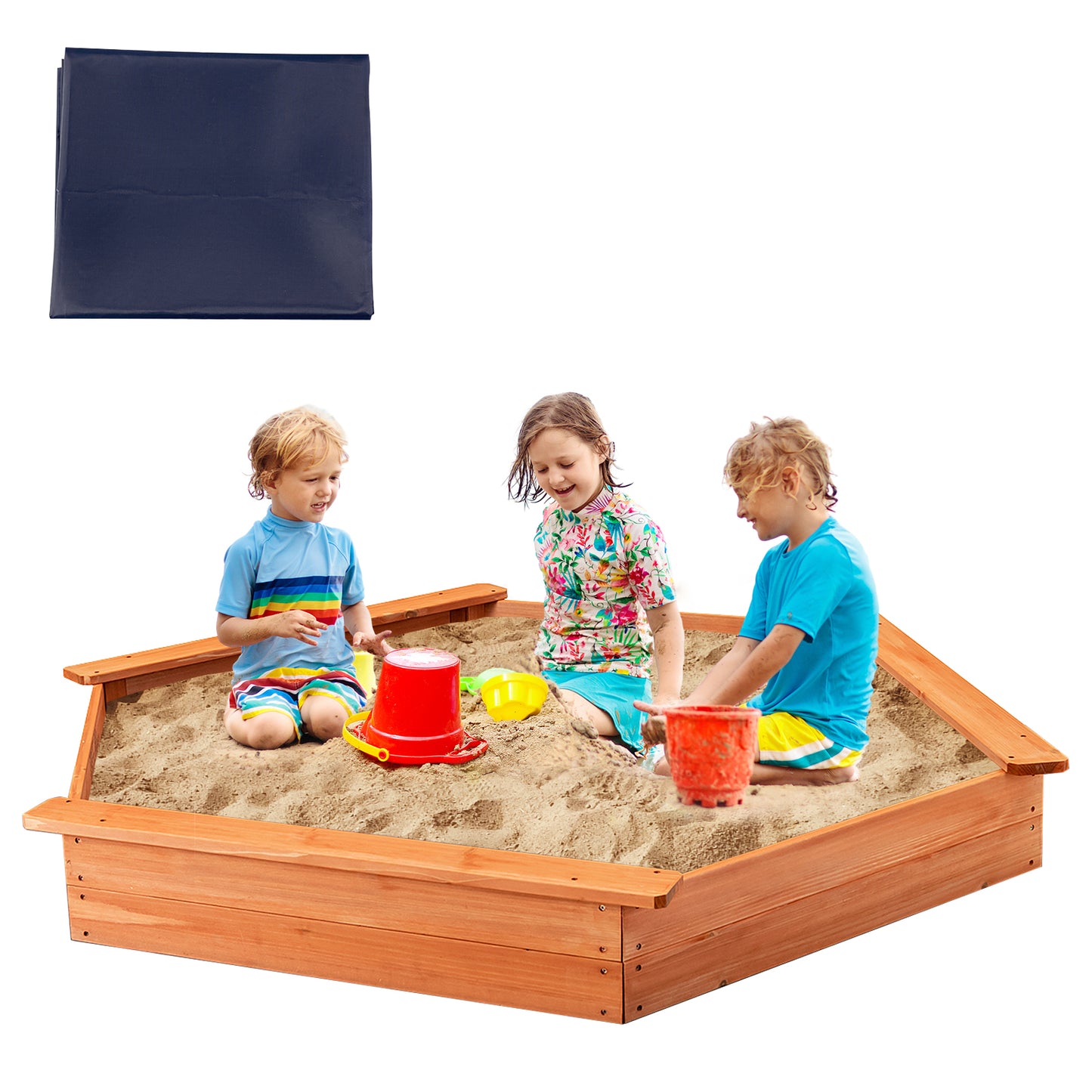 Hexagon Wooden Cedar Sand Box With Seat Boards, Brown Sandboxes at Gallery Canada