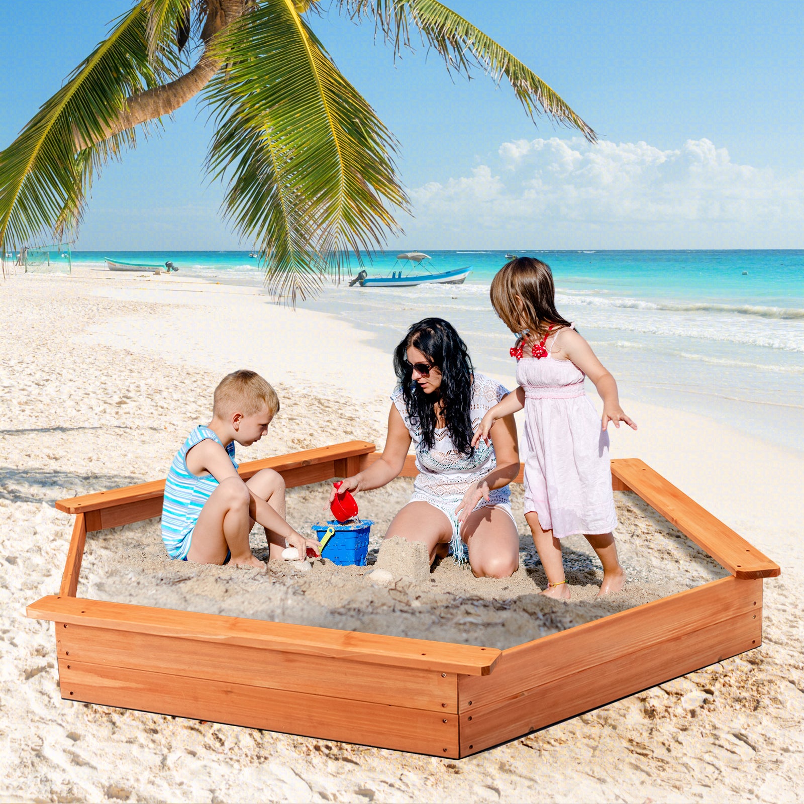 Hexagon Wooden Cedar Sand Box With Seat Boards, Brown Sandboxes at Gallery Canada