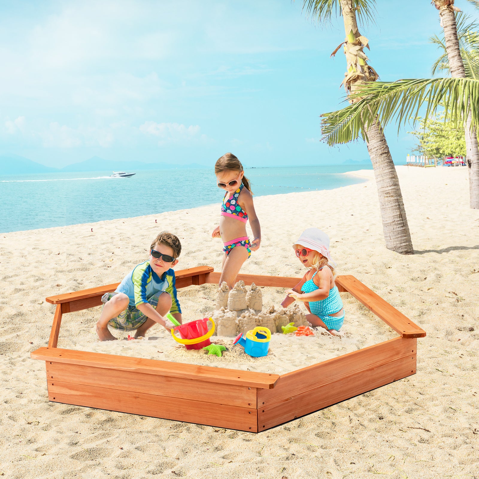 Hexagon Wooden Cedar Sand Box With Seat Boards, Brown Sandboxes at Gallery Canada