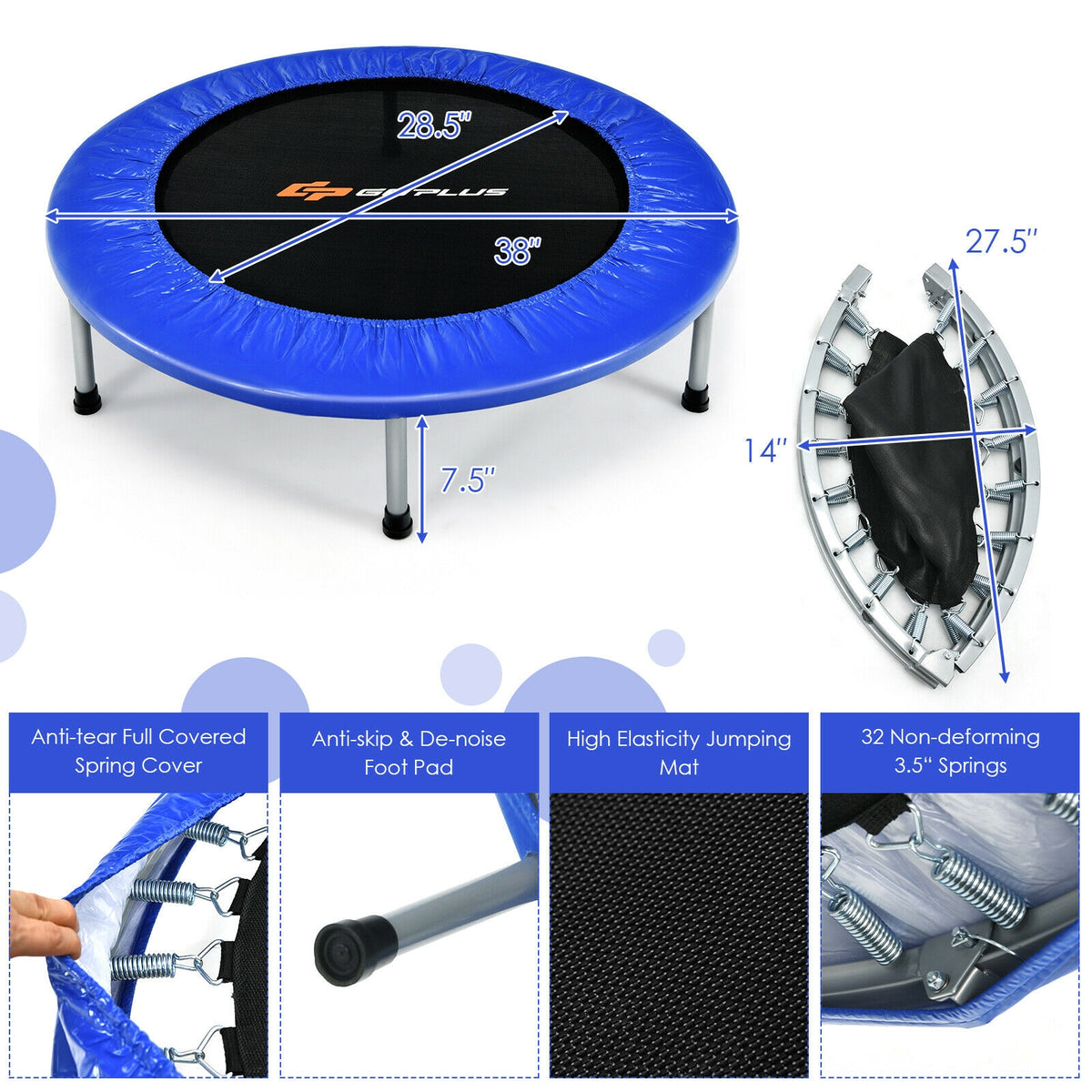 38 Inch Mini Folding Trampoline, Portable Fitness Backboard, Blue Trampolines at Gallery Canada