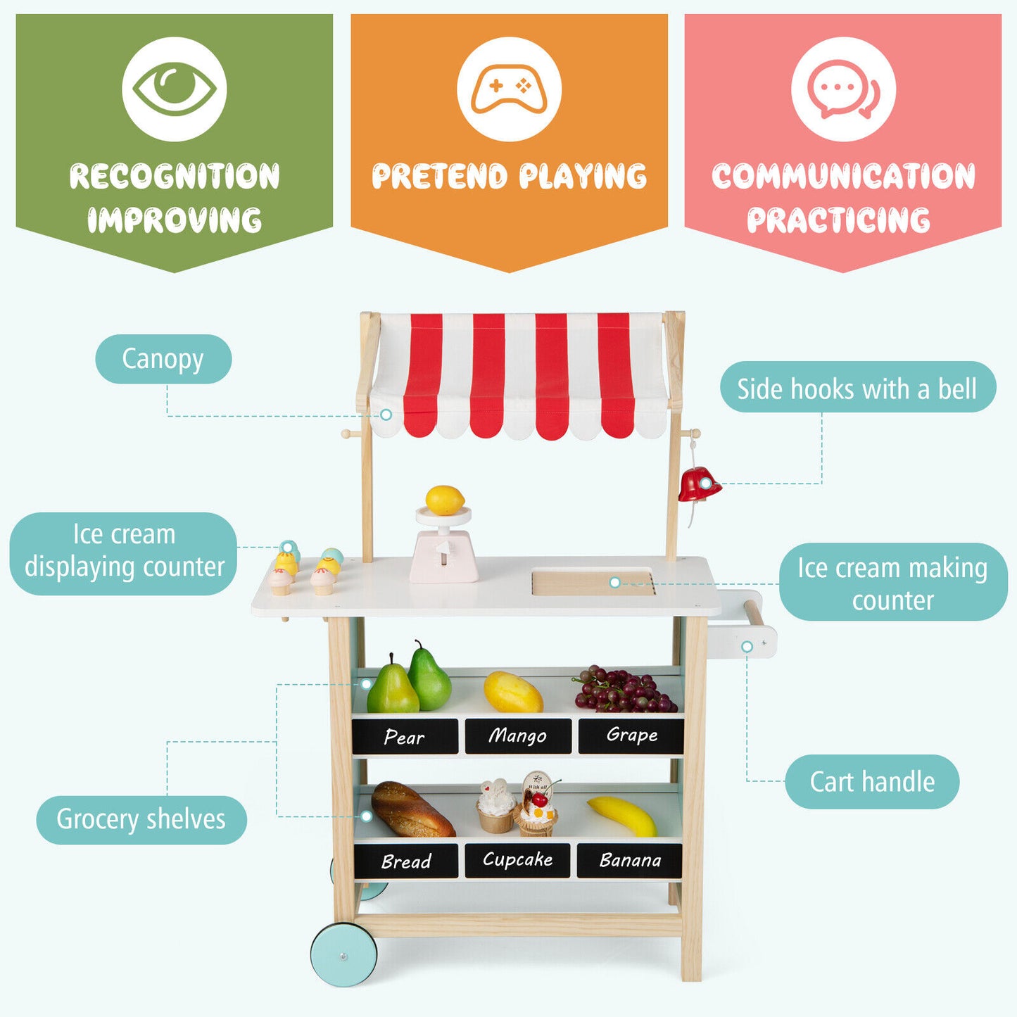 Kids Wooden Ice Cream Cart, With Chalkboard And Storage, Red Play Kitchen Sets at Gallery Canada
