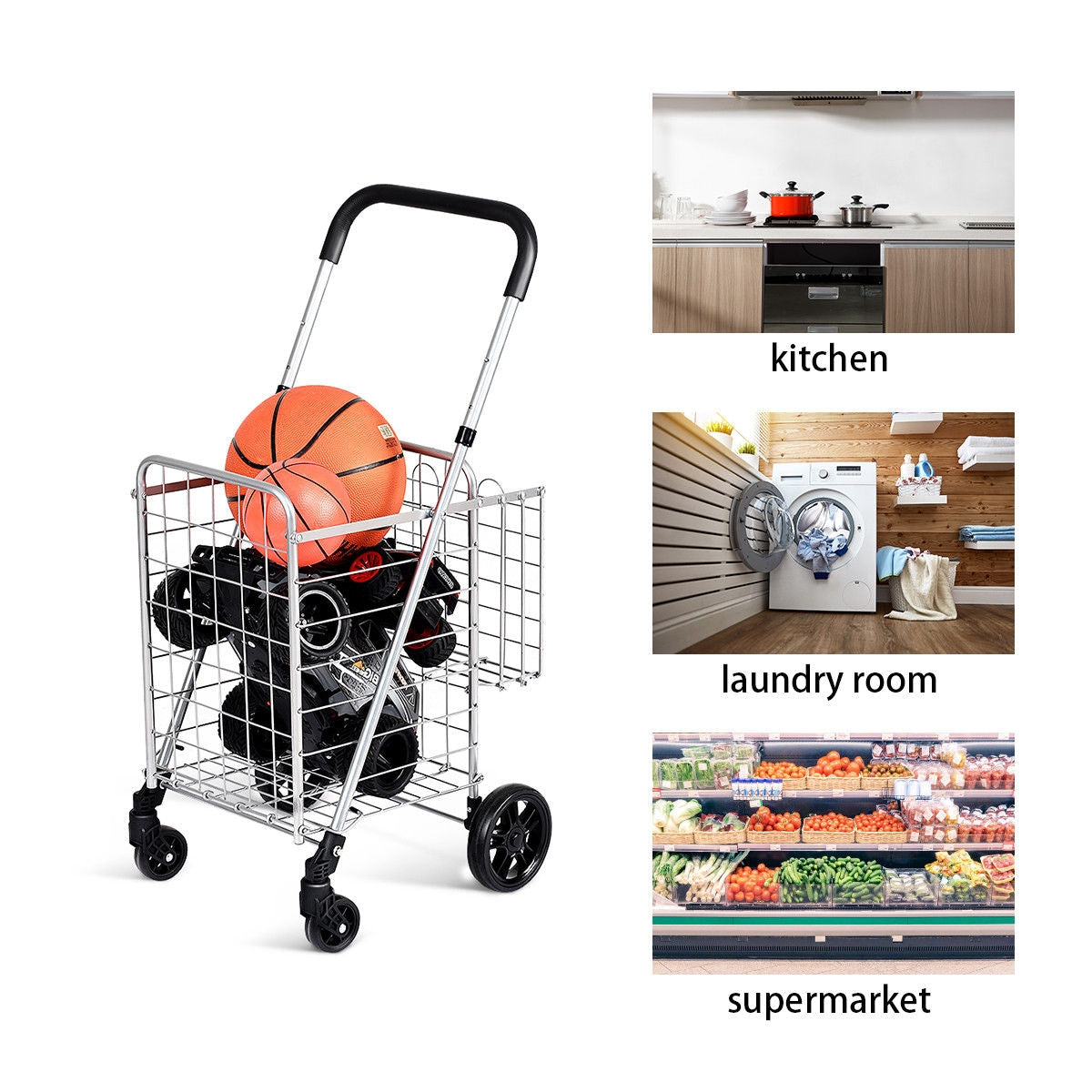 Folding Shopping Cart, Adjustable Handle, Silver Kitchen Tools at Gallery Canada
