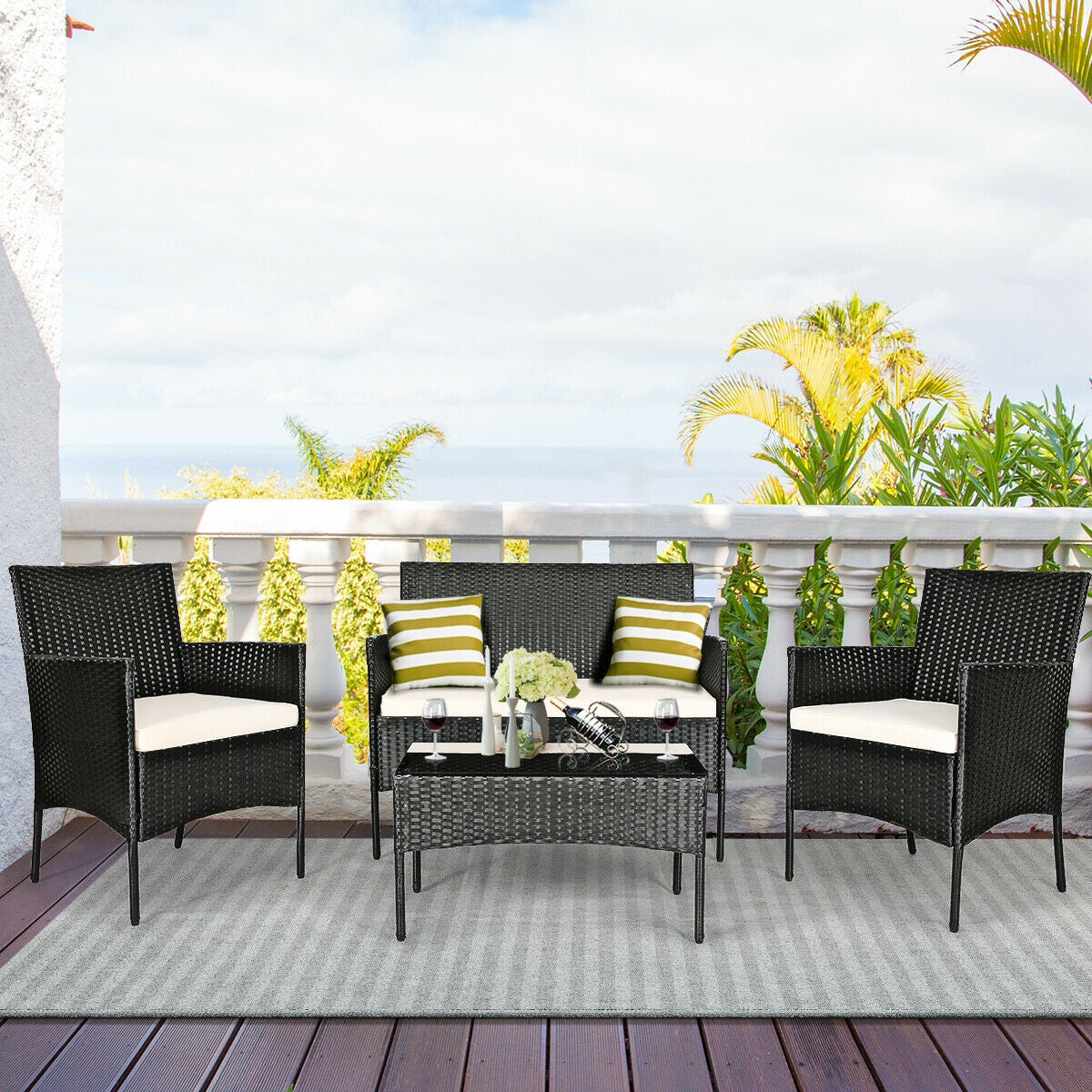 4 Pcs Patio Rattan Cushioned Sofa Set, White Patio Conversation Sets at Gallery Canada