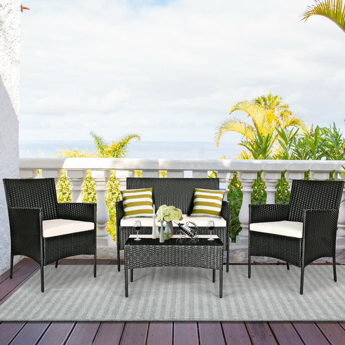 4 Pcs Patio Rattan Cushioned Sofa Set, White