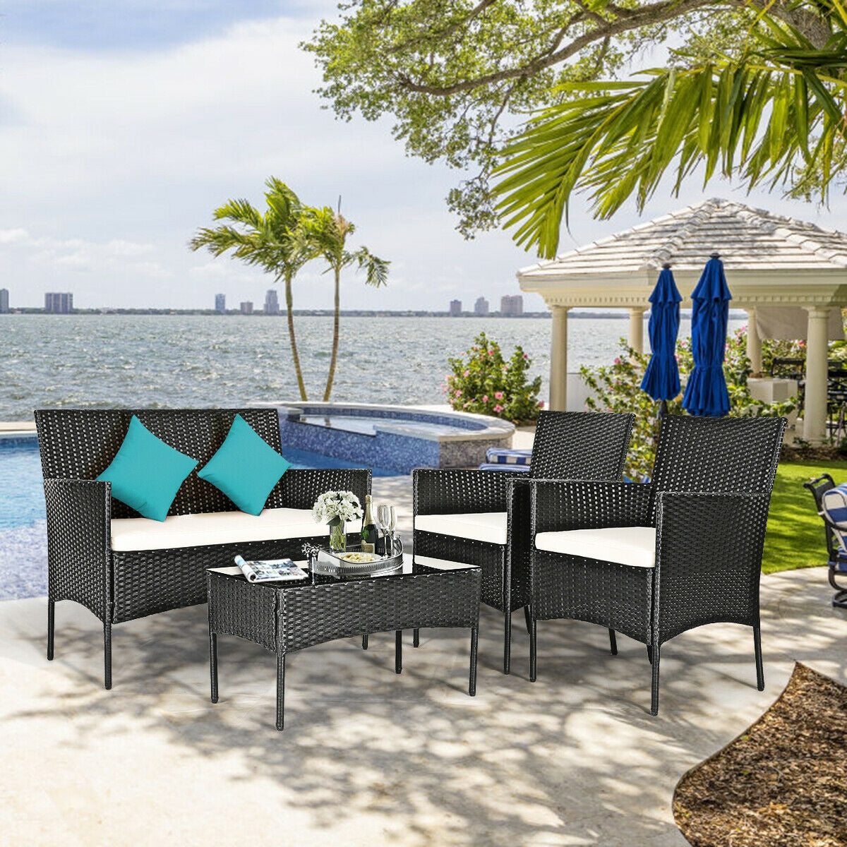 4 Pcs Patio Rattan Cushioned Sofa Set, White Patio Conversation Sets at Gallery Canada