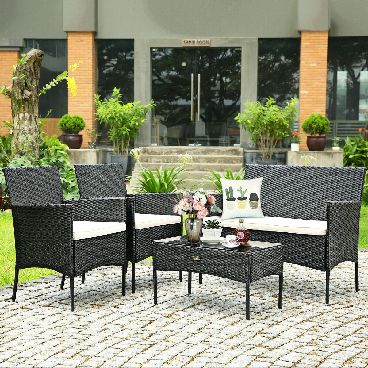 4 Pcs Patio Rattan Cushioned Sofa Set, White Patio Conversation Sets at Gallery Canada