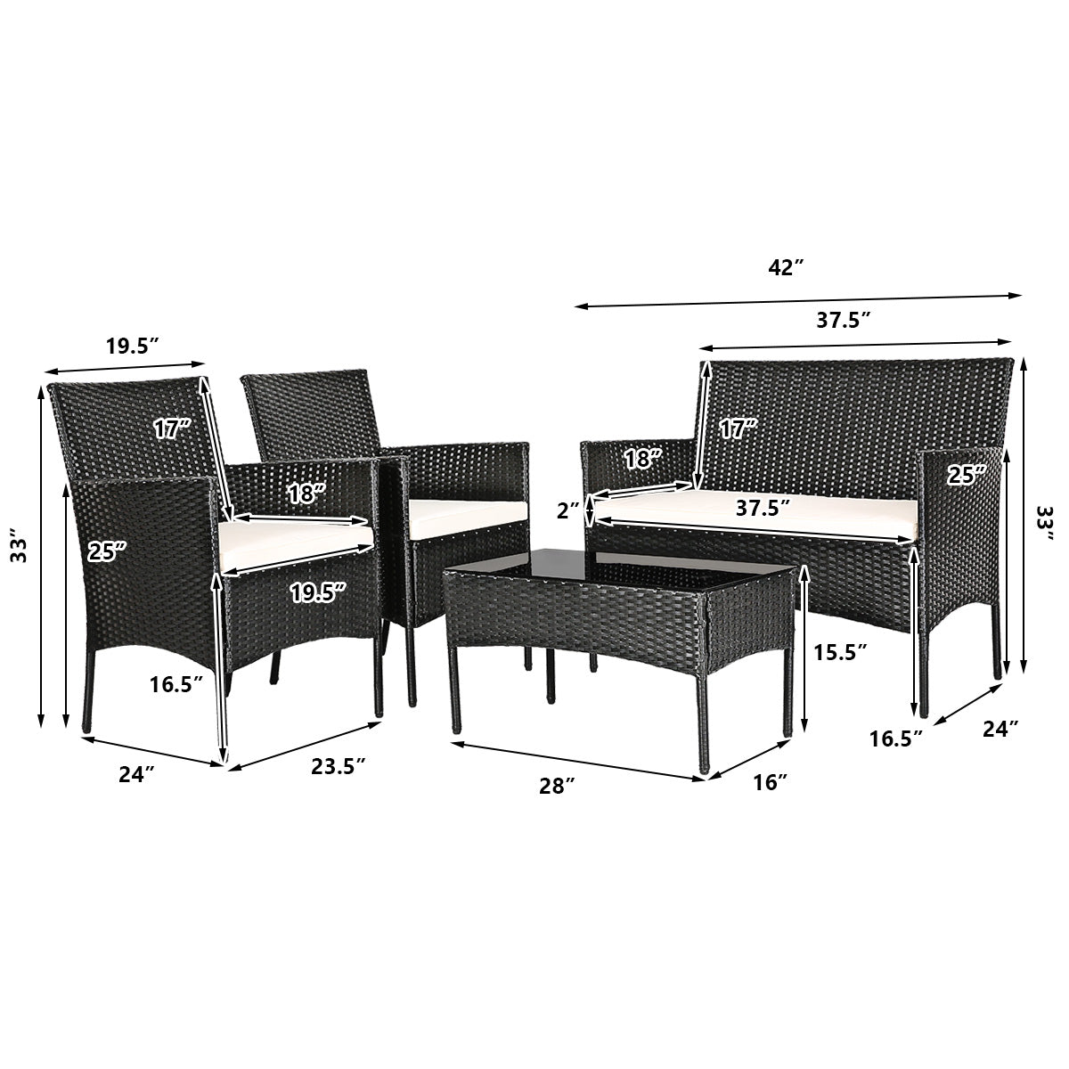 4 Pcs Patio Rattan Cushioned Sofa Set, White Patio Conversation Sets at Gallery Canada