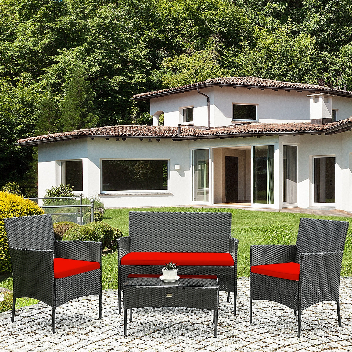 4 Pcs Rattan Cushioned Sofa Set, Tempered Glass Coffee Table, Red Patio Conversation Sets at Gallery Canada