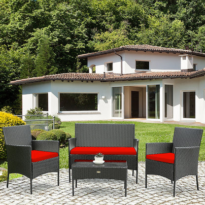 4 Pcs Rattan Cushioned Sofa Set, Tempered Glass Coffee Table, Red Patio Conversation Sets at Gallery Canada