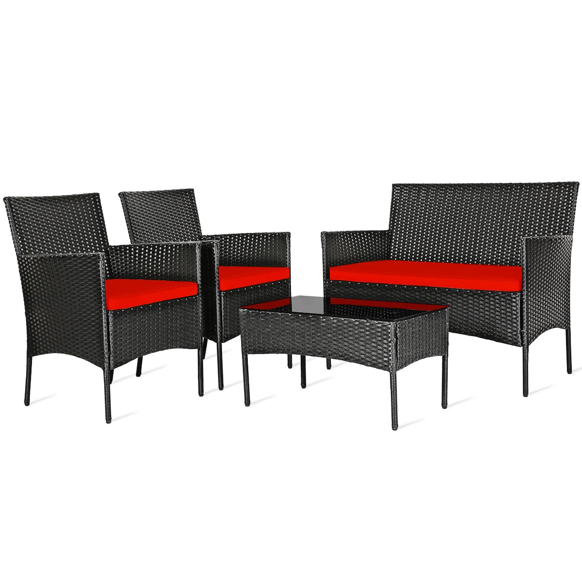 4 Pcs Rattan Cushioned Sofa Set, Tempered Glass Coffee Table, Red Patio Conversation Sets at Gallery Canada
