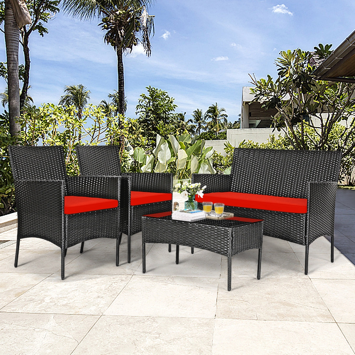 4 Pcs Rattan Cushioned Sofa Set, Tempered Glass Coffee Table, Red Patio Conversation Sets at Gallery Canada