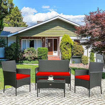 4 Pcs Rattan Cushioned Sofa Set, Tempered Glass Coffee Table, Red Patio Conversation Sets at Gallery Canada