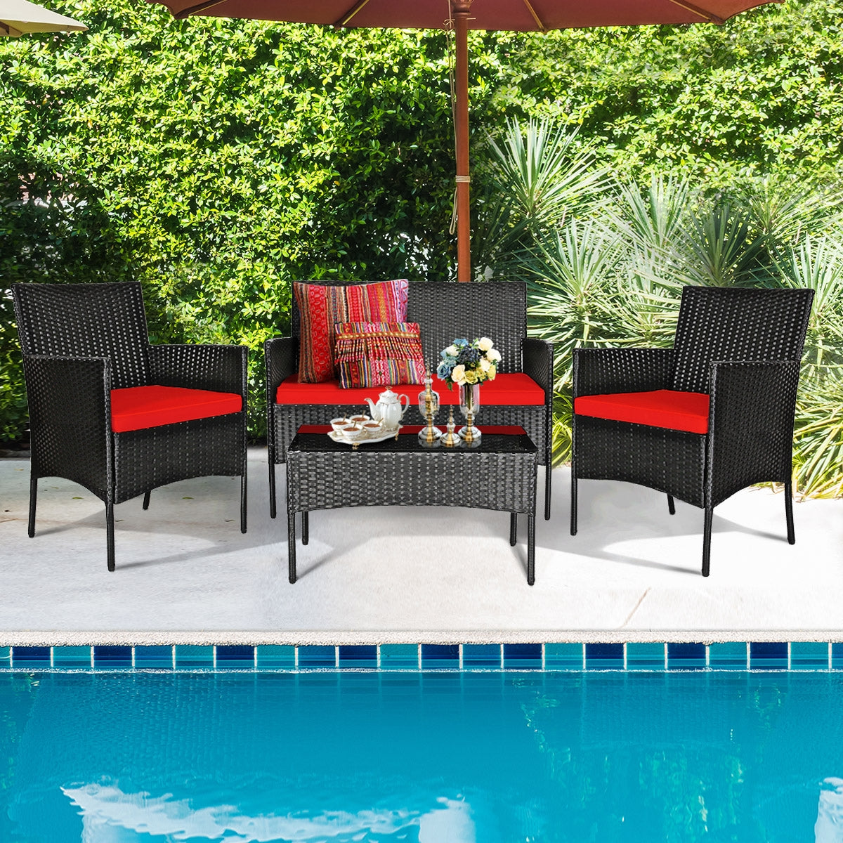 4 Pcs Rattan Cushioned Sofa Set, Tempered Glass Coffee Table, Red Patio Conversation Sets at Gallery Canada