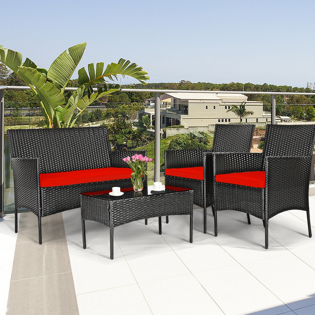 4 Pcs Rattan Cushioned Sofa Set, Tempered Glass Coffee Table, Red Patio Conversation Sets at Gallery Canada
