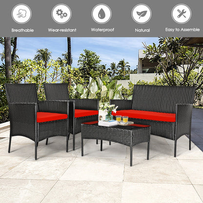 4 Pcs Rattan Cushioned Sofa Set, Tempered Glass Coffee Table, Red Patio Conversation Sets at Gallery Canada