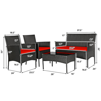 4 Pcs Rattan Cushioned Sofa Set, Tempered Glass Coffee Table, Red Patio Conversation Sets at Gallery Canada