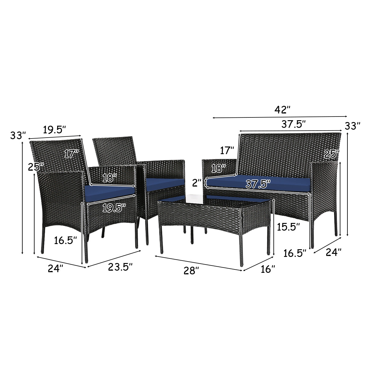 4 Piece Patio Rattan Cushioned Sofa Set, Tempered Glass Coffee Table, Off White, Navy Patio Conversation Sets at Gallery Canada
