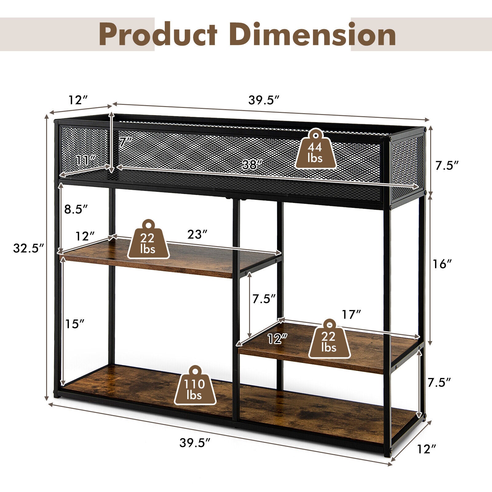 4-Tier Industrial Console Table, Wire Basket Shelf, Rustic Brown Console Tables at Gallery Canada