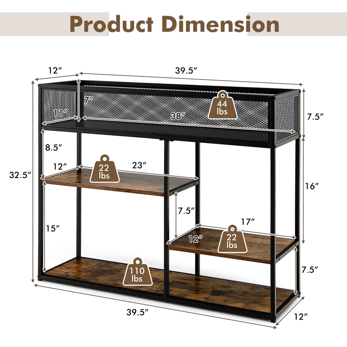 4-Tier Industrial Console Table, Wire Basket Shelf, Rustic Brown Console Tables at Gallery Canada