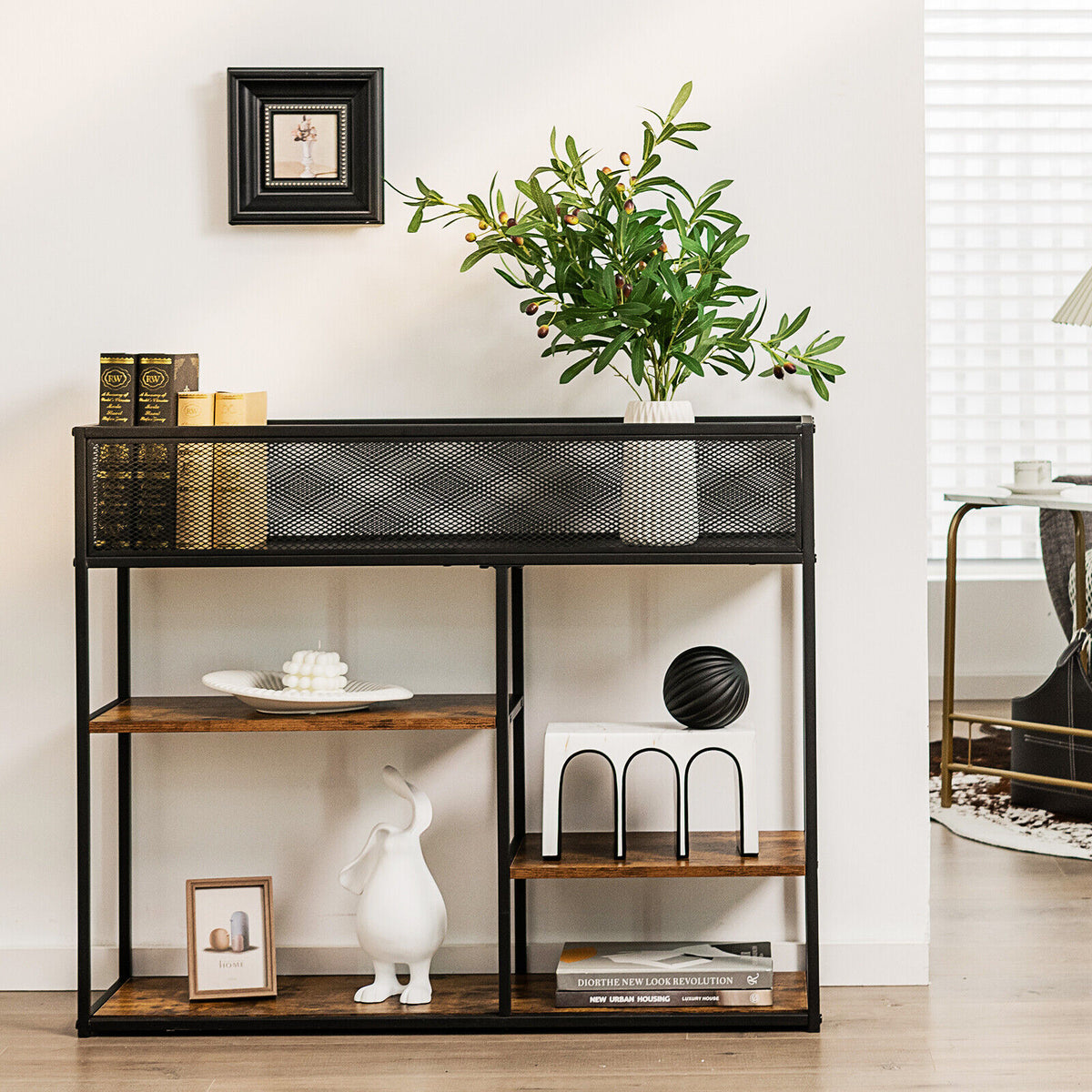 4-Tier Industrial Console Table, Wire Basket Shelf, Rustic Brown Console Tables at Gallery Canada