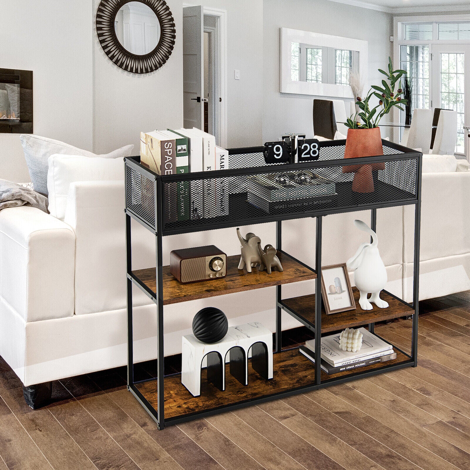4-Tier Industrial Console Table, Wire Basket Shelf, Rustic Brown Console Tables at Gallery Canada