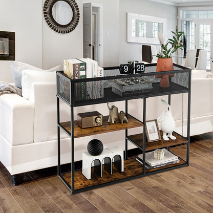 4-Tier Industrial Console Table, Wire Basket Shelf, Rustic Brown Console Tables at Gallery Canada