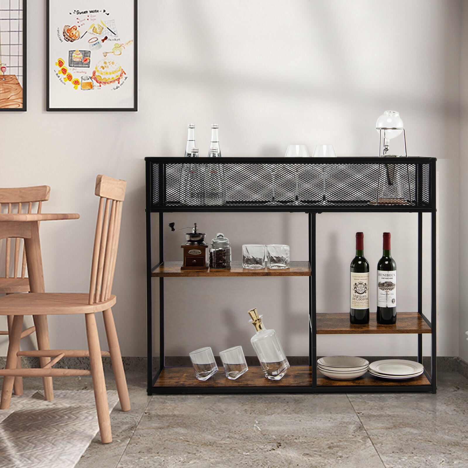 4-Tier Industrial Console Table, Wire Basket Shelf, Rustic Brown Console Tables at Gallery Canada