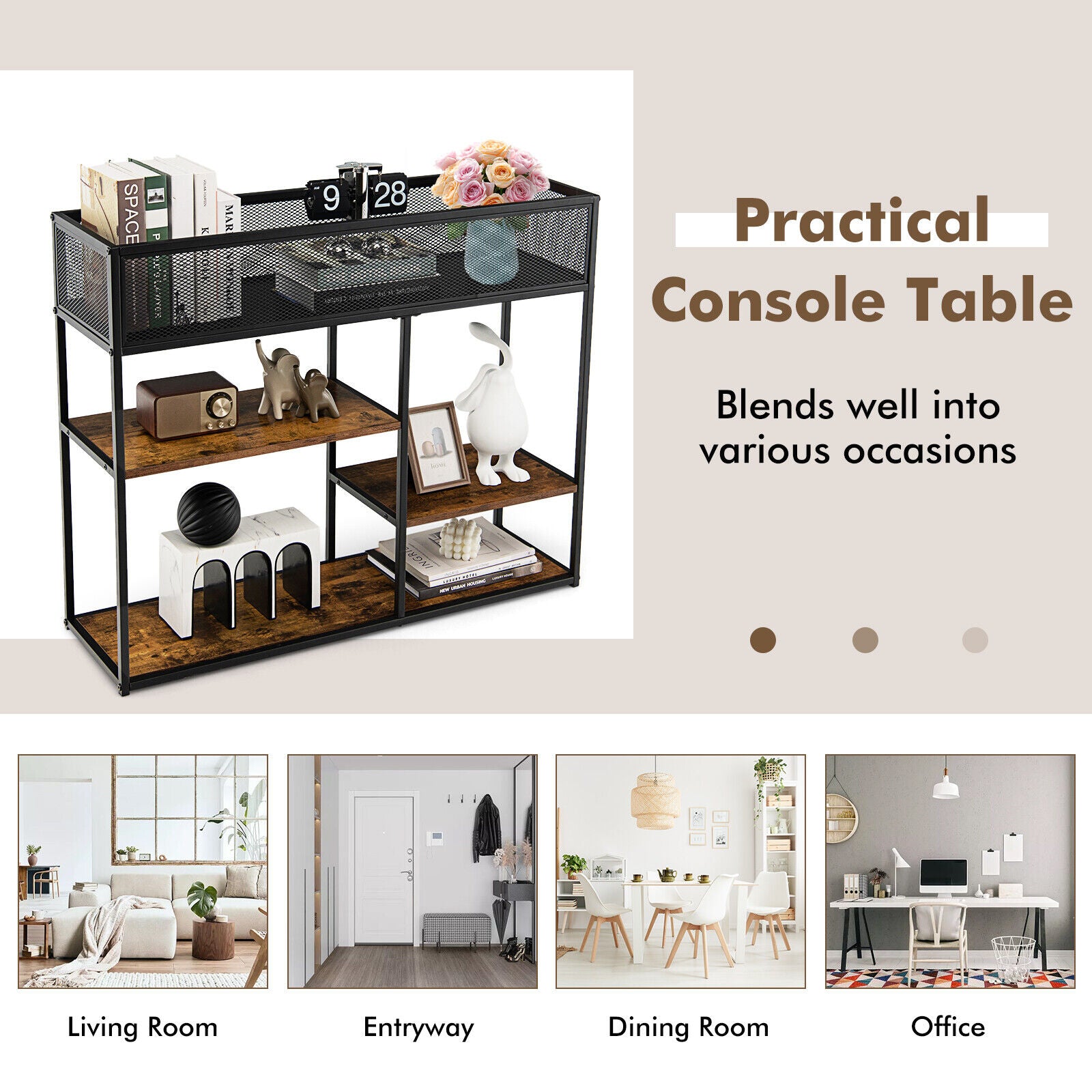 4-Tier Industrial Console Table, Wire Basket Shelf, Rustic Brown Console Tables at Gallery Canada