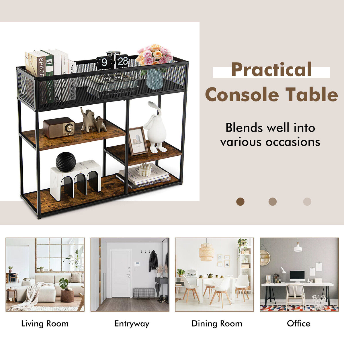 4-Tier Industrial Console Table, Wire Basket Shelf, Rustic Brown Console Tables at Gallery Canada