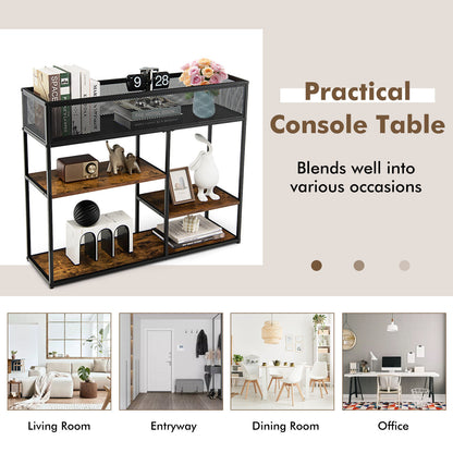 4-Tier Industrial Console Table, Wire Basket Shelf, Rustic Brown Console Tables at Gallery Canada