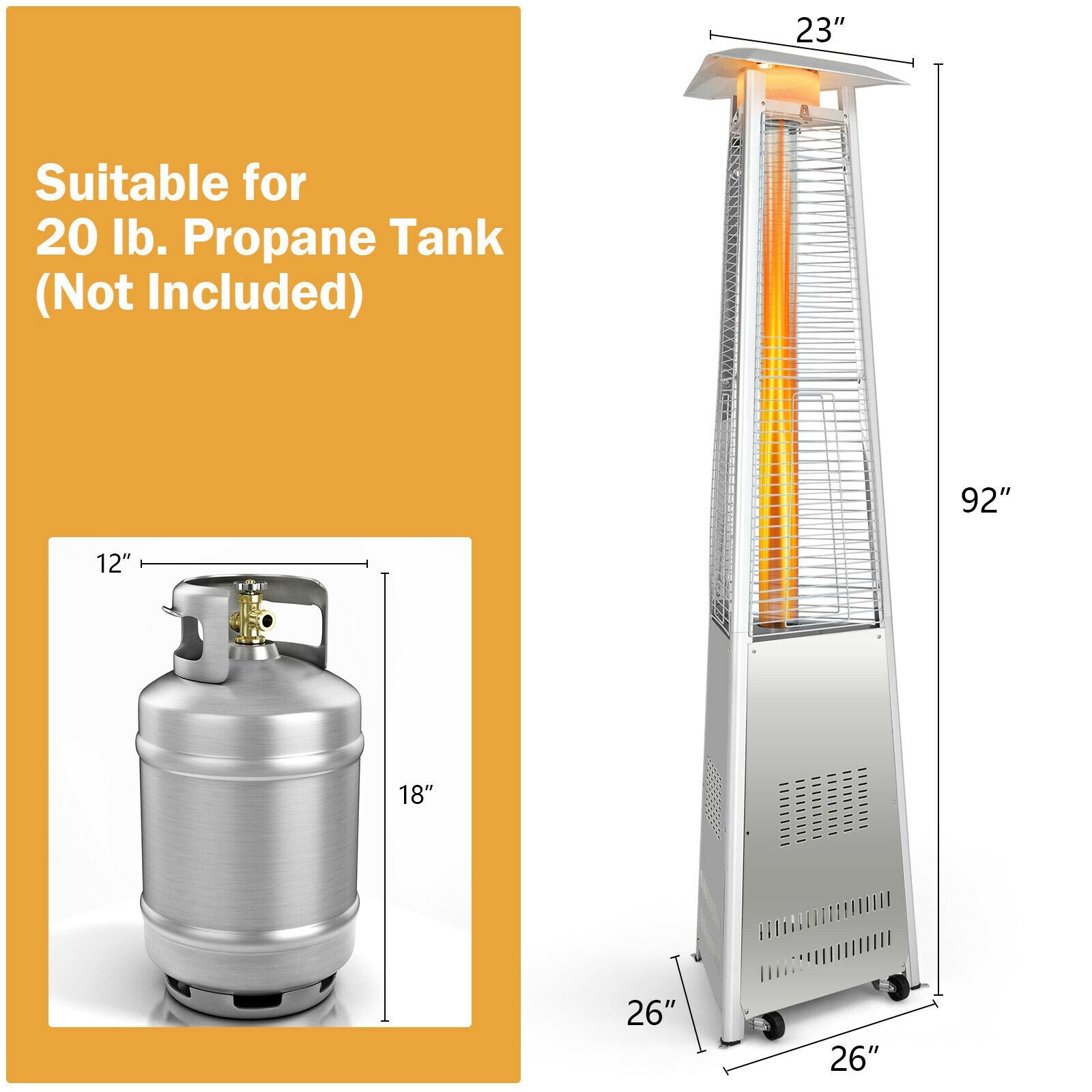 42,000 BTU Stainless Steel Pyramid Patio Heater With Wheels, Silver Patio Heaters at Gallery Canada
