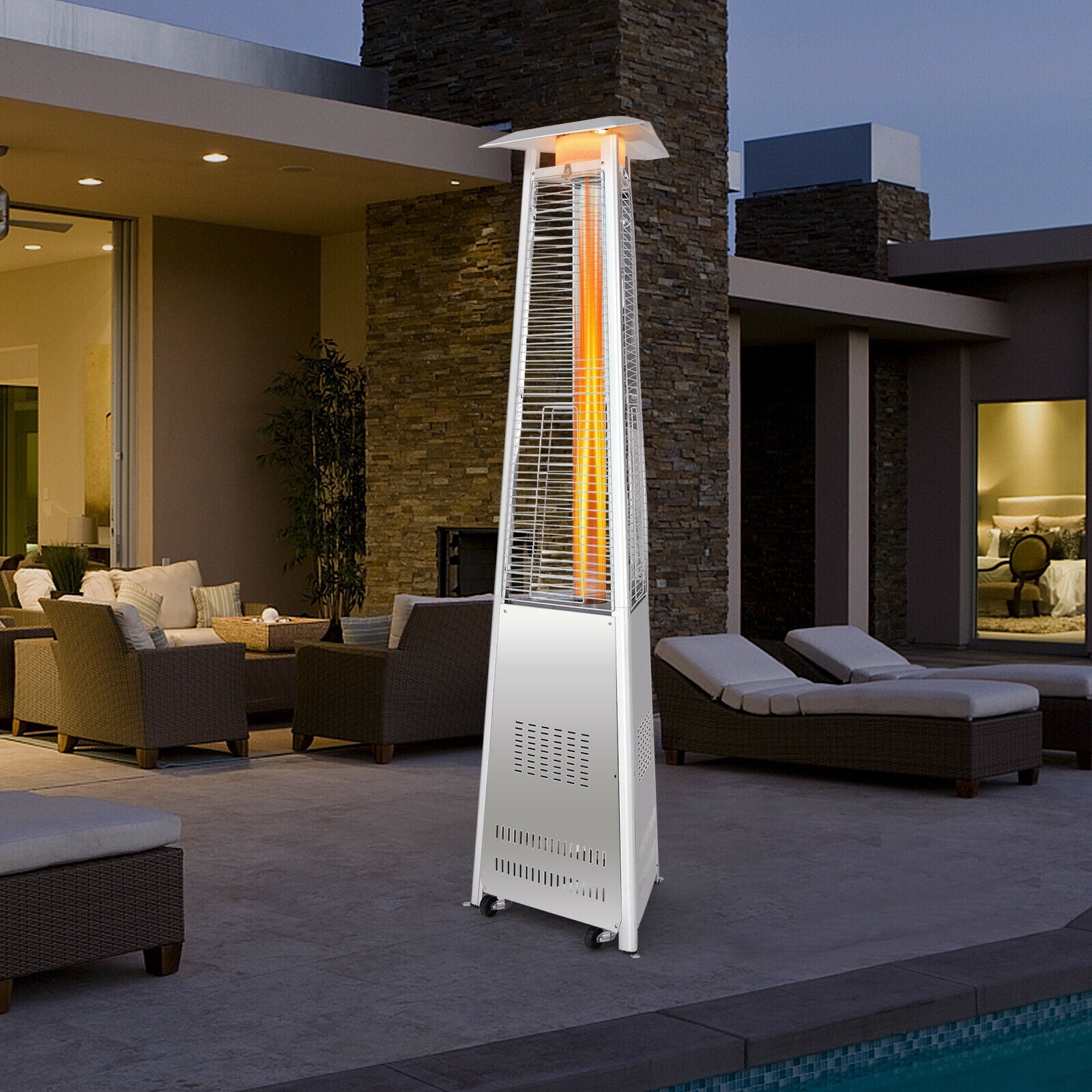 42,000 BTU Stainless Steel Pyramid Patio Heater With Wheels, Silver Patio Heaters at Gallery Canada