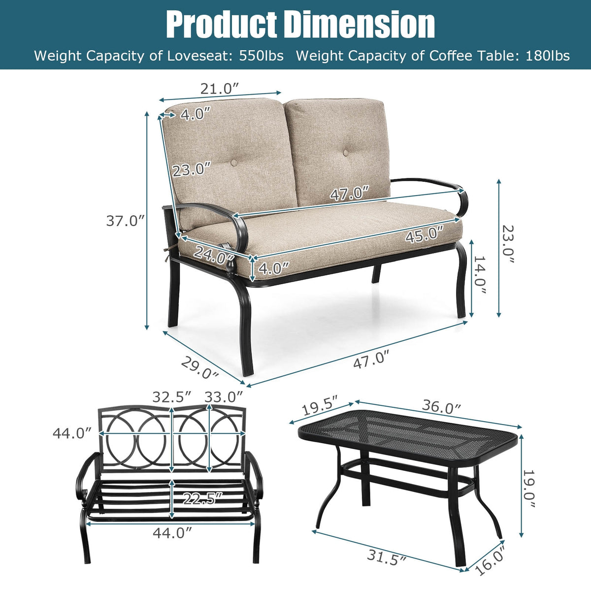 Patio Loveseat Bench Table Set, 2 Pieces, Beige Patio Conversation Sets at Gallery Canada