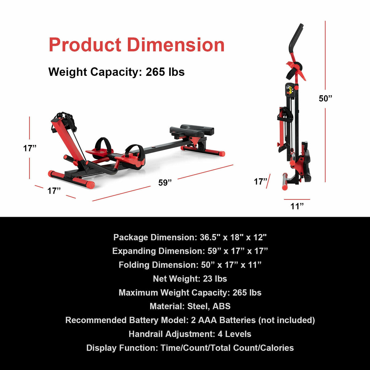 4-in-1 Folding Rowing Machine, Control Panel, Home Gym, Red Rowing Machines at Gallery Canada